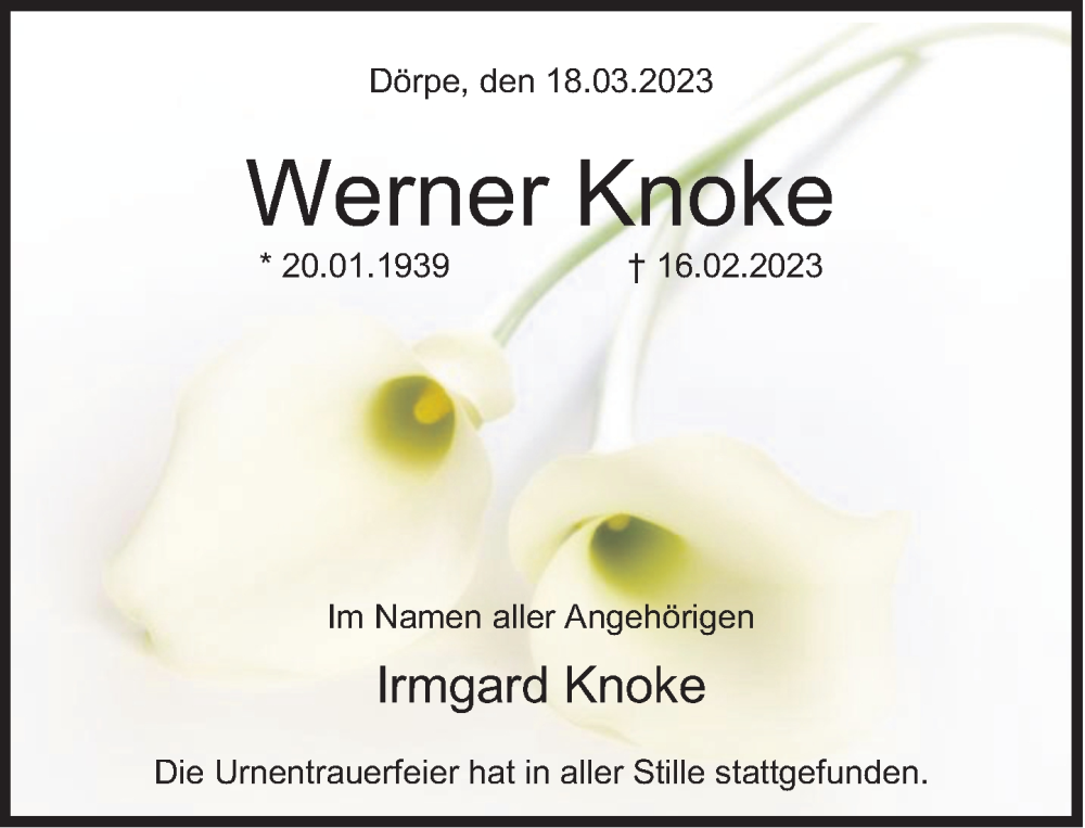  Traueranzeige für Werner Knoke vom 18.03.2023 aus Deister- und Weserzeitung
