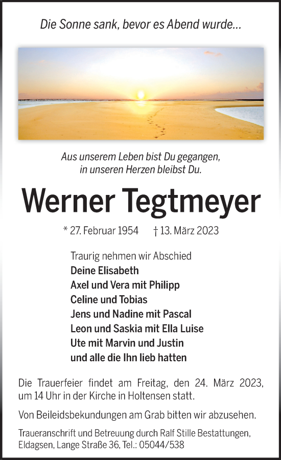 Traueranzeige von Werner Tegtmeyer von Neue Deister-Zeitung