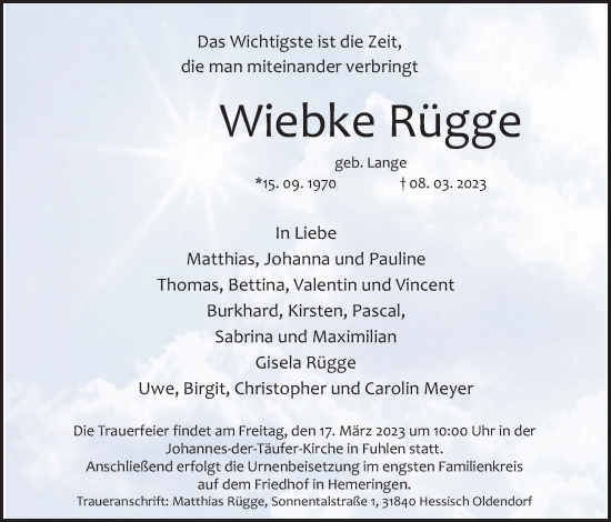 Traueranzeige von Wiebke Rügge von Deister- und Weserzeitung