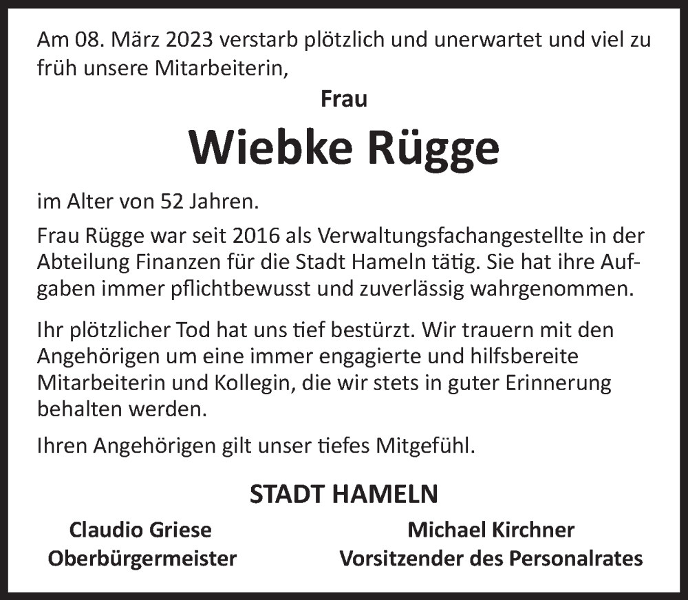  Traueranzeige für Wiebke Rügge vom 15.03.2023 aus Deister- und Weserzeitung