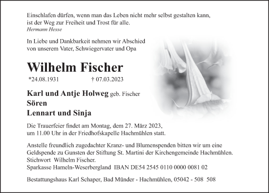 Traueranzeige von Wilhelm Fischer von Deister- und Weserzeitung