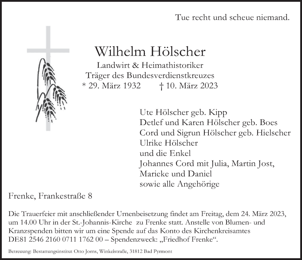  Traueranzeige für Wilhelm Hölscher vom 18.03.2023 aus Deister- und Weserzeitung