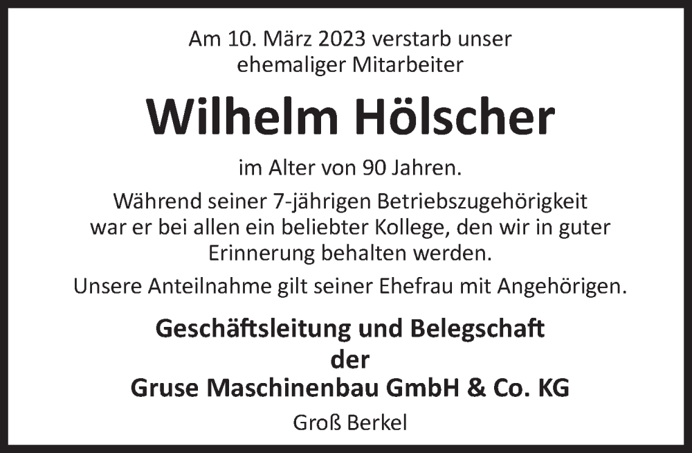  Traueranzeige für Wilhelm Hölscher vom 22.03.2023 aus Deister- und Weserzeitung