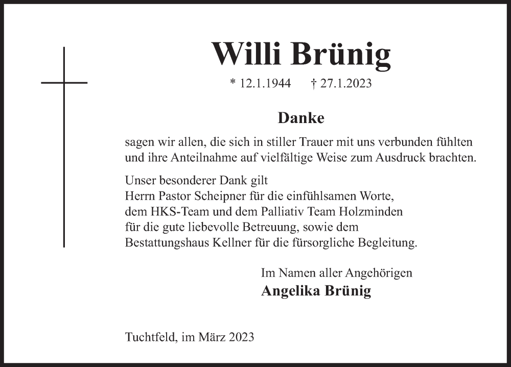  Traueranzeige für Willi Brünig vom 11.03.2023 aus Deister- und Weserzeitung