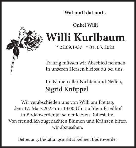Traueranzeige von Willi Kurlbaum von Deister- und Weserzeitung