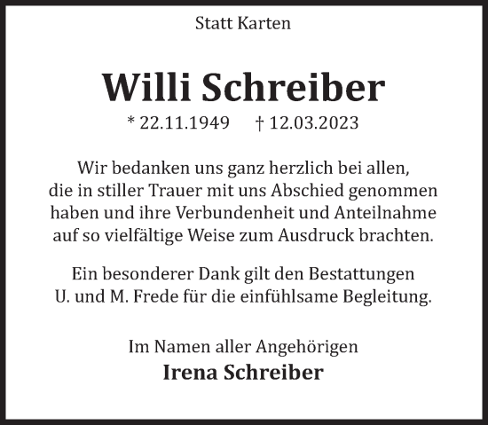 Traueranzeige von Willi Schreiber von Deister- und Weserzeitung