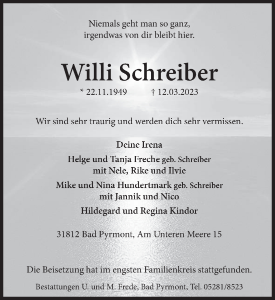 Traueranzeige von Willi Schreiber von Deister- und Weserzeitung