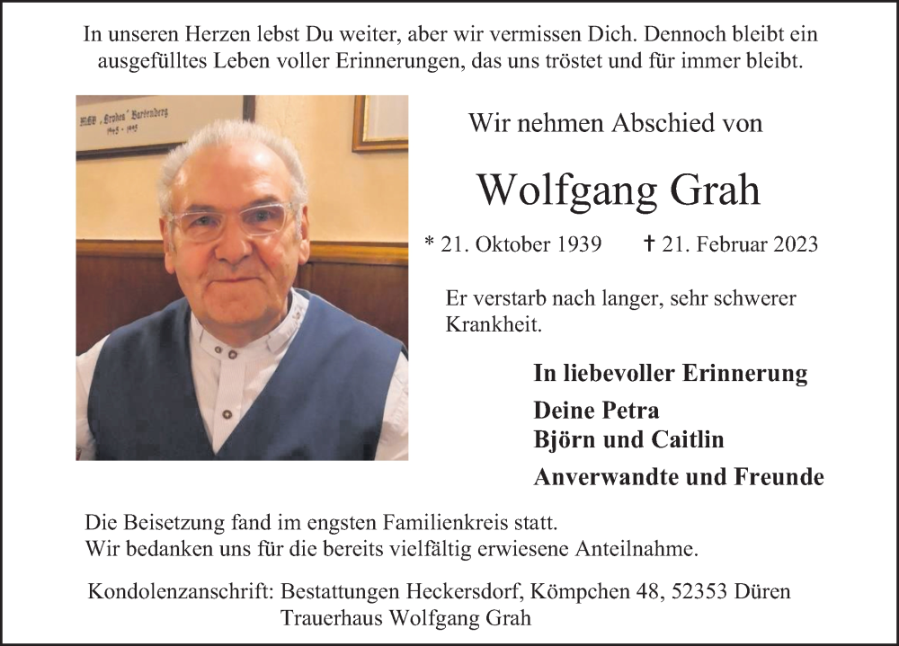  Traueranzeige für Wolfgang Grah vom 11.03.2023 aus Neue Deister-Zeitung