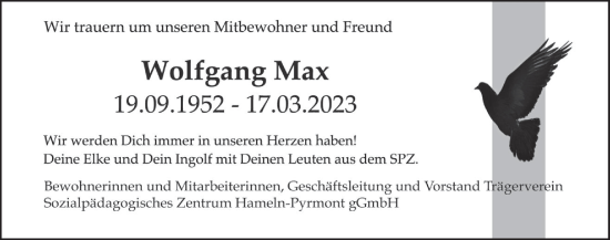 Traueranzeige von Wolfgang Max von Deister- und Weserzeitung