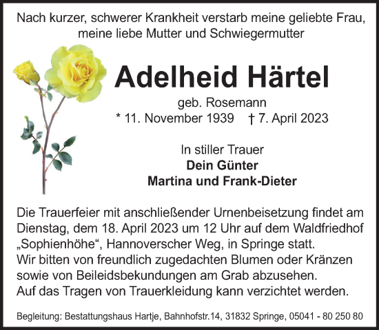 Traueranzeige von Adelheid Härtel von Neue Deister-Zeitung