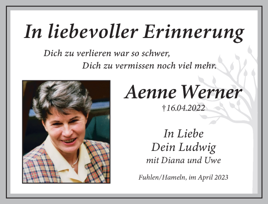 Traueranzeige von Aenne Werner von Deister- und Weserzeitung