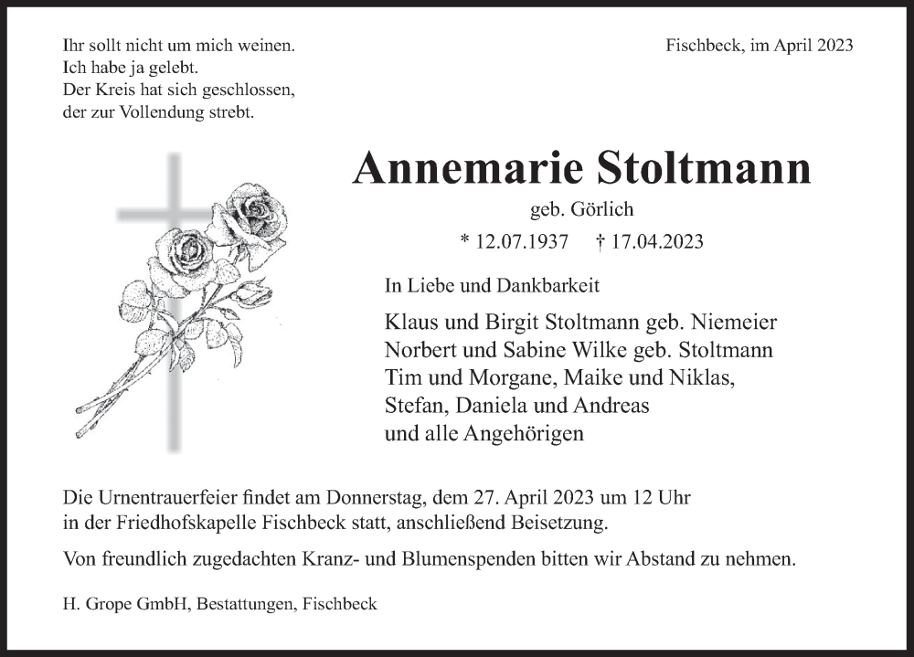  Traueranzeige für Annemarie Stoltmann vom 22.04.2023 aus Deister- und Weserzeitung