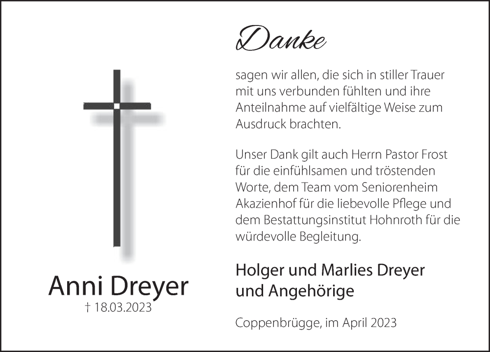  Traueranzeige für Anni Dreyer vom 22.04.2023 aus Deister- und Weserzeitung