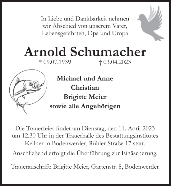 Traueranzeige von Arnold Schumacher von Deister- und Weserzeitung