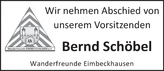 Traueranzeige von Bernd Schöbel von Neue Deister-Zeitung