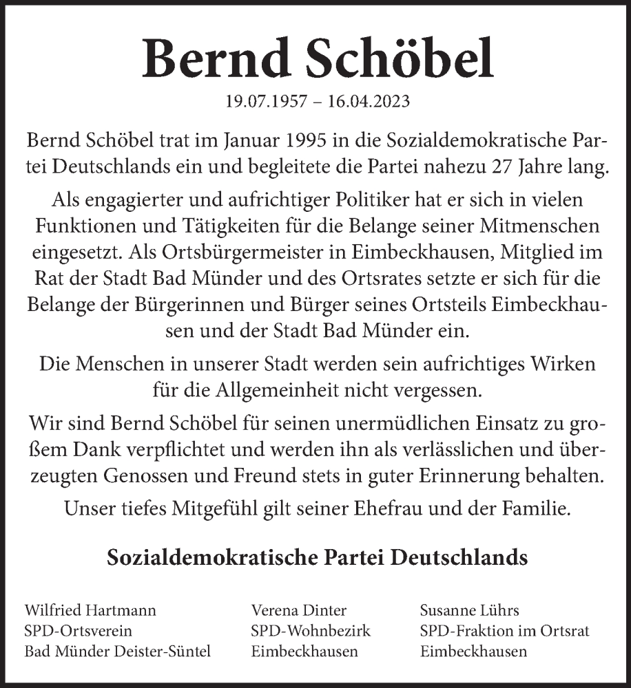  Traueranzeige für Bernd Schöbel vom 29.04.2023 aus Neue Deister-Zeitung