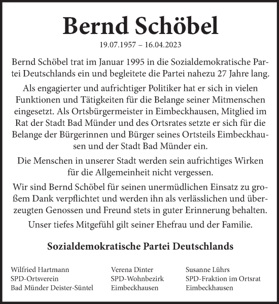 Traueranzeige von Bernd Schöbel von Neue Deister-Zeitung