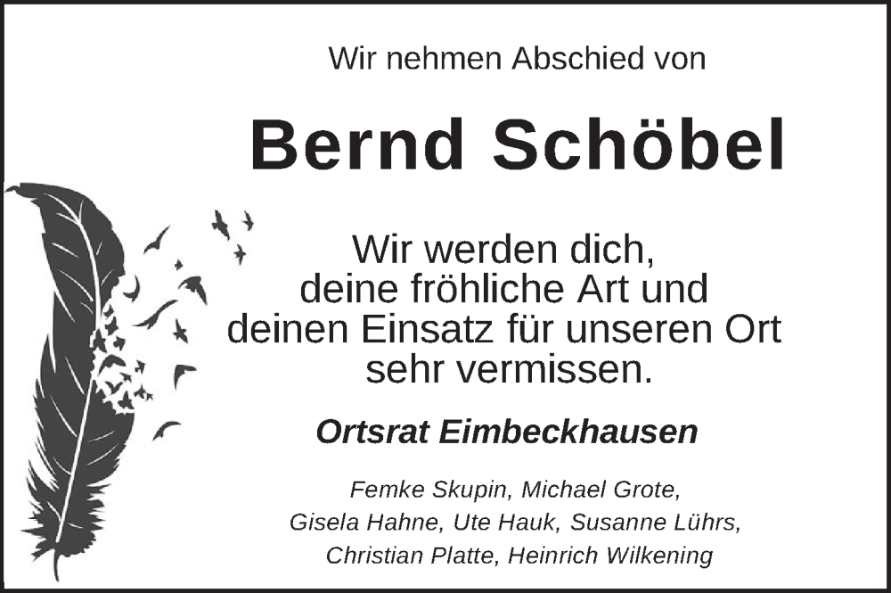  Traueranzeige für Bernd Schöbel vom 29.04.2023 aus Neue Deister-Zeitung