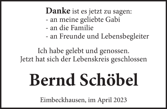 Traueranzeige von Bernd Schöbel von Neue Deister-Zeitung