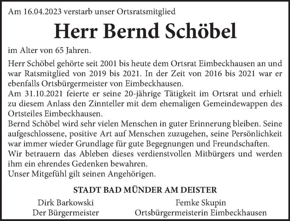  Traueranzeige für Bernd Schöbel vom 29.04.2023 aus Neue Deister-Zeitung