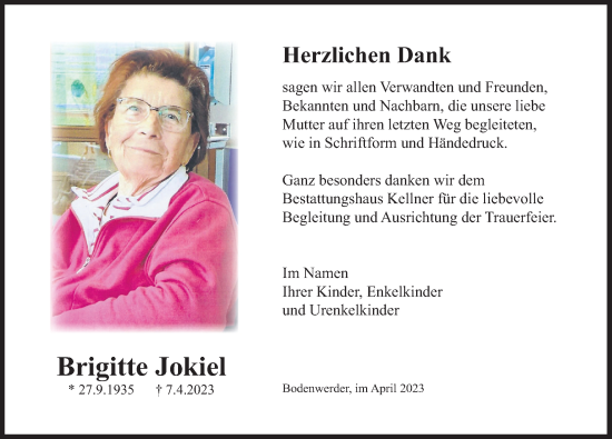 Traueranzeige von Brigitte Jokiel von Deister- und Weserzeitung