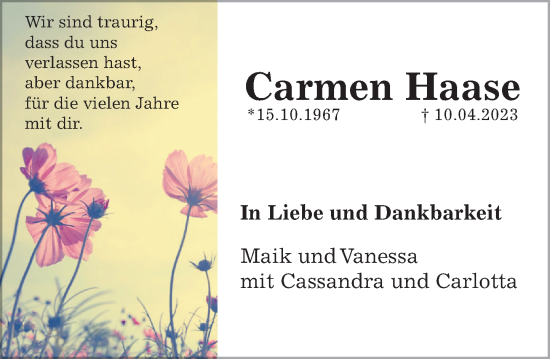 Traueranzeige von Carmen Haase von Deister- und Weserzeitung