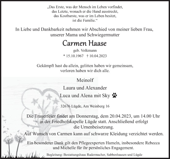 Traueranzeige von Carmen Haase von Deister- und Weserzeitung