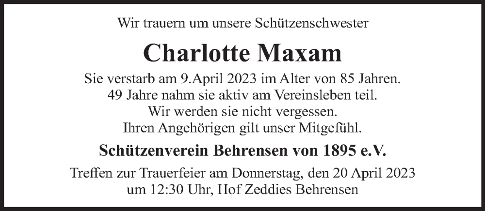  Traueranzeige für Charlotte Maxam vom 19.04.2023 aus Deister- und Weserzeitung