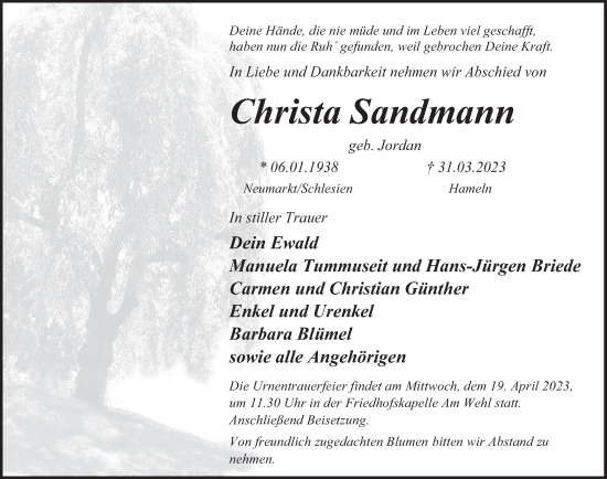 Traueranzeige von Christa Sandmann von Deister- und Weserzeitung