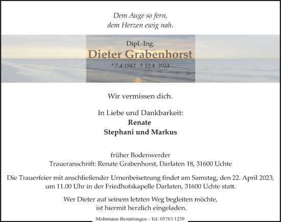 Traueranzeige von Dieter Grabenhorst von Deister- und Weserzeitung