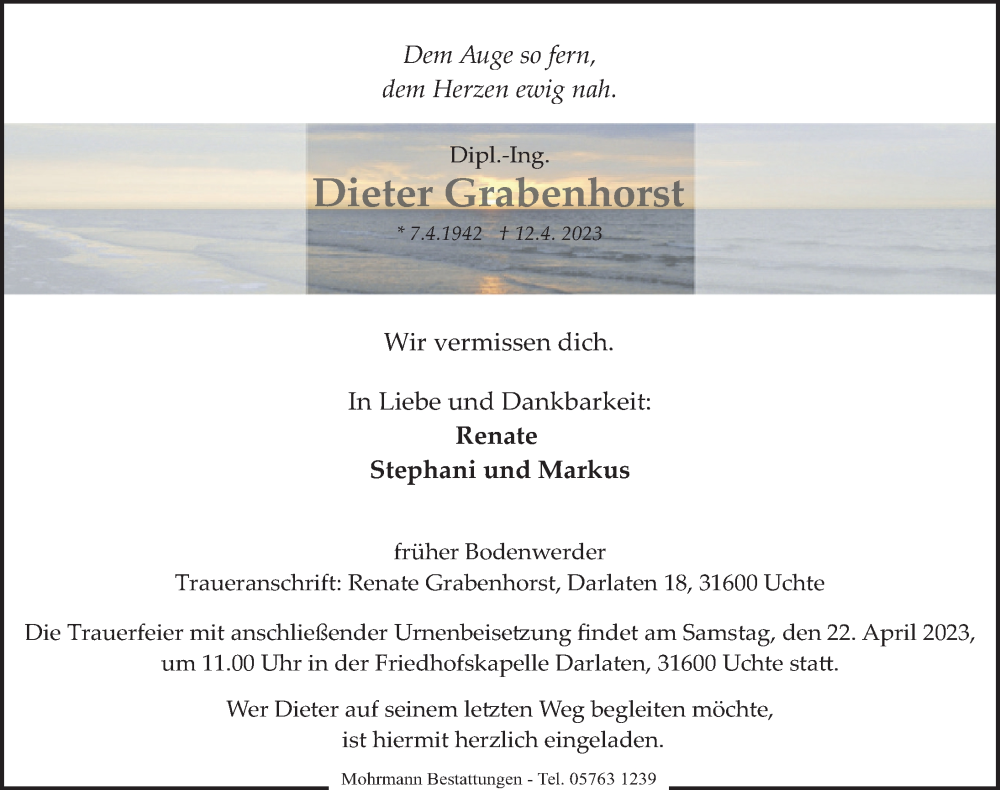  Traueranzeige für Dieter Grabenhorst vom 21.04.2023 aus Deister- und Weserzeitung