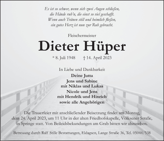 Traueranzeige von Dieter Hüper von Neue Deister-Zeitung
