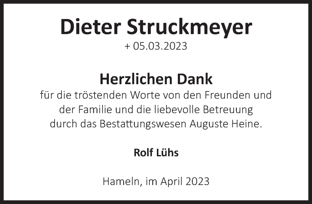  Traueranzeige für Dieter Struckmeyer vom 29.04.2023 aus Deister- und Weserzeitung