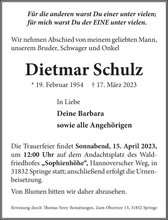 Traueranzeige von Dietmar Schulz von Neue Deister-Zeitung