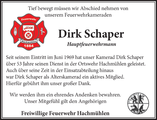 Traueranzeige von Dirk Schaper von Neue Deister-Zeitung