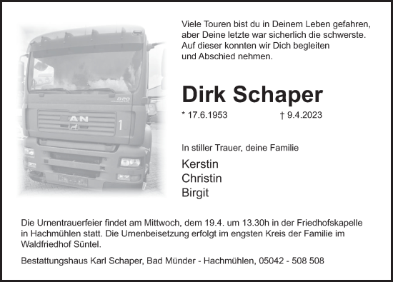 Traueranzeige von Dirk Schaper von Deister- und Weserzeitung