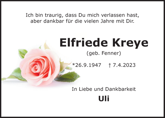 Traueranzeige von Elfriede Kreye von Deister- und Weserzeitung