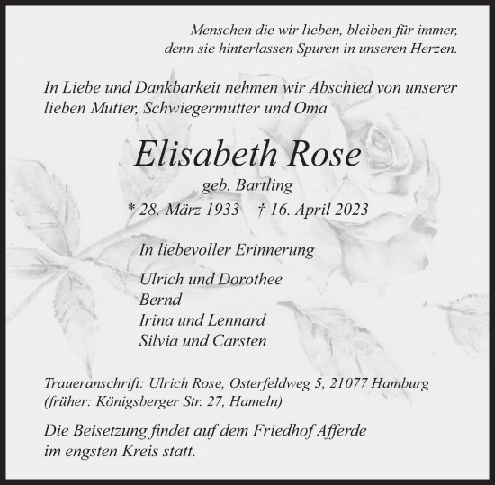 Traueranzeige von Elisabeth Rose von Deister- und Weserzeitung