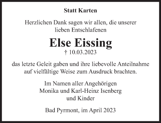 Traueranzeige von Else Eissing von Deister- und Weserzeitung