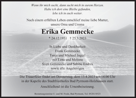 Traueranzeige von Erika Gemmecke von Deister- und Weserzeitung