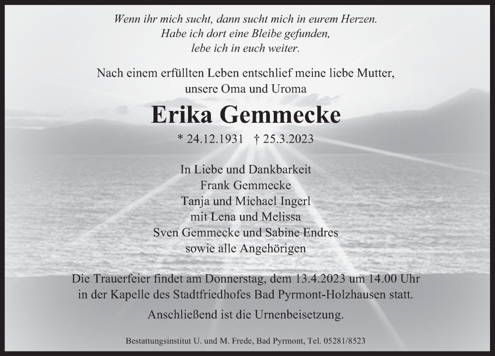  Traueranzeige für Erika Gemmecke vom 08.04.2023 aus Deister- und Weserzeitung