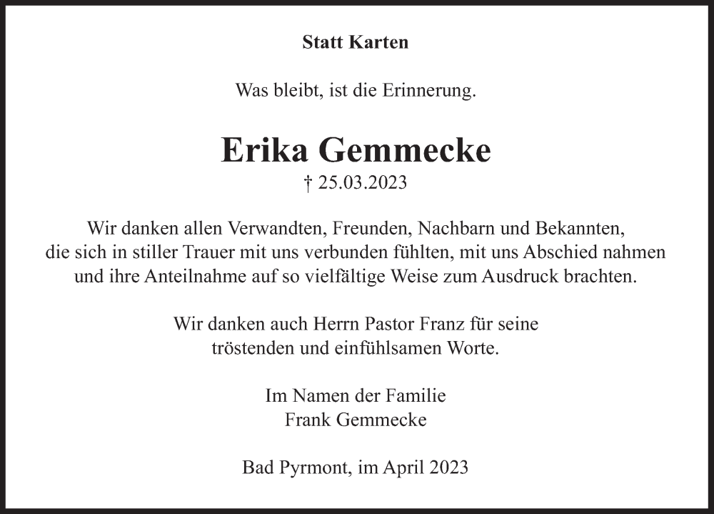  Traueranzeige für Erika Gemmecke vom 29.04.2023 aus Deister- und Weserzeitung