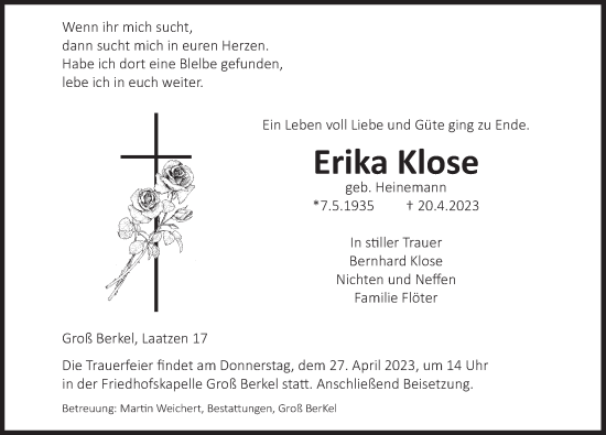 Traueranzeige von Erika Klose von Deister- und Weserzeitung