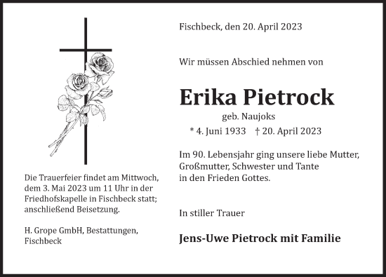 Traueranzeige von Erika Pietrock von Deister- und Weserzeitung