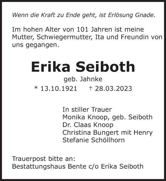 Traueranzeige von Erika Seiboth von Deister- und Weserzeitung