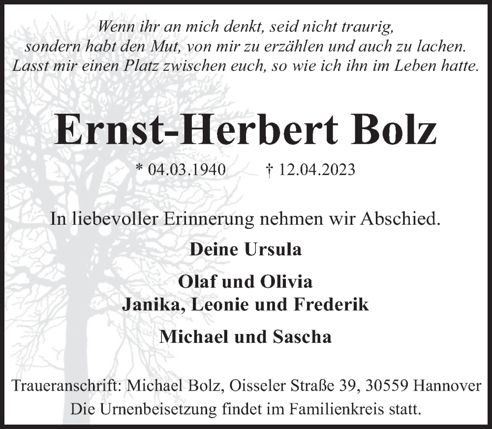  Traueranzeige für Ernst-Herbert Bolz vom 20.04.2023 aus Neue Deister-Zeitung