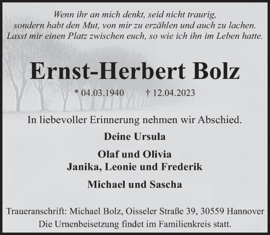 Traueranzeige von Ernst-Herbert Bolz von Deister- und Weserzeitung