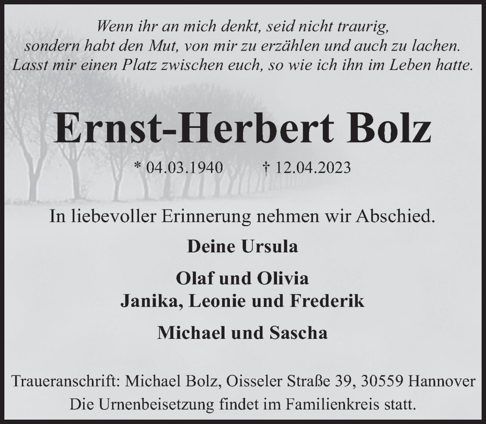  Traueranzeige für Ernst-Herbert Bolz vom 20.04.2023 aus Deister- und Weserzeitung