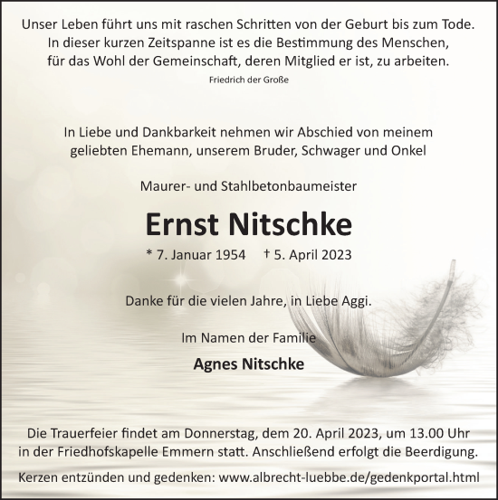 Traueranzeige von Ernst Nitschke von Deister- und Weserzeitung