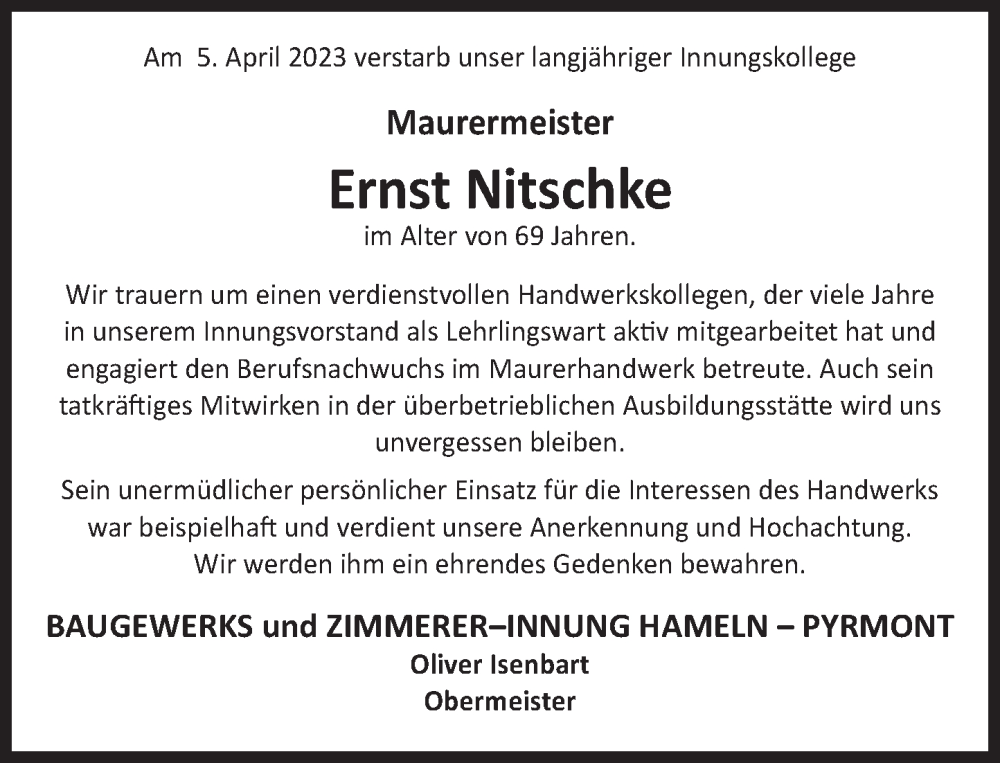  Traueranzeige für Ernst Nitschke vom 15.04.2023 aus Deister- und Weserzeitung